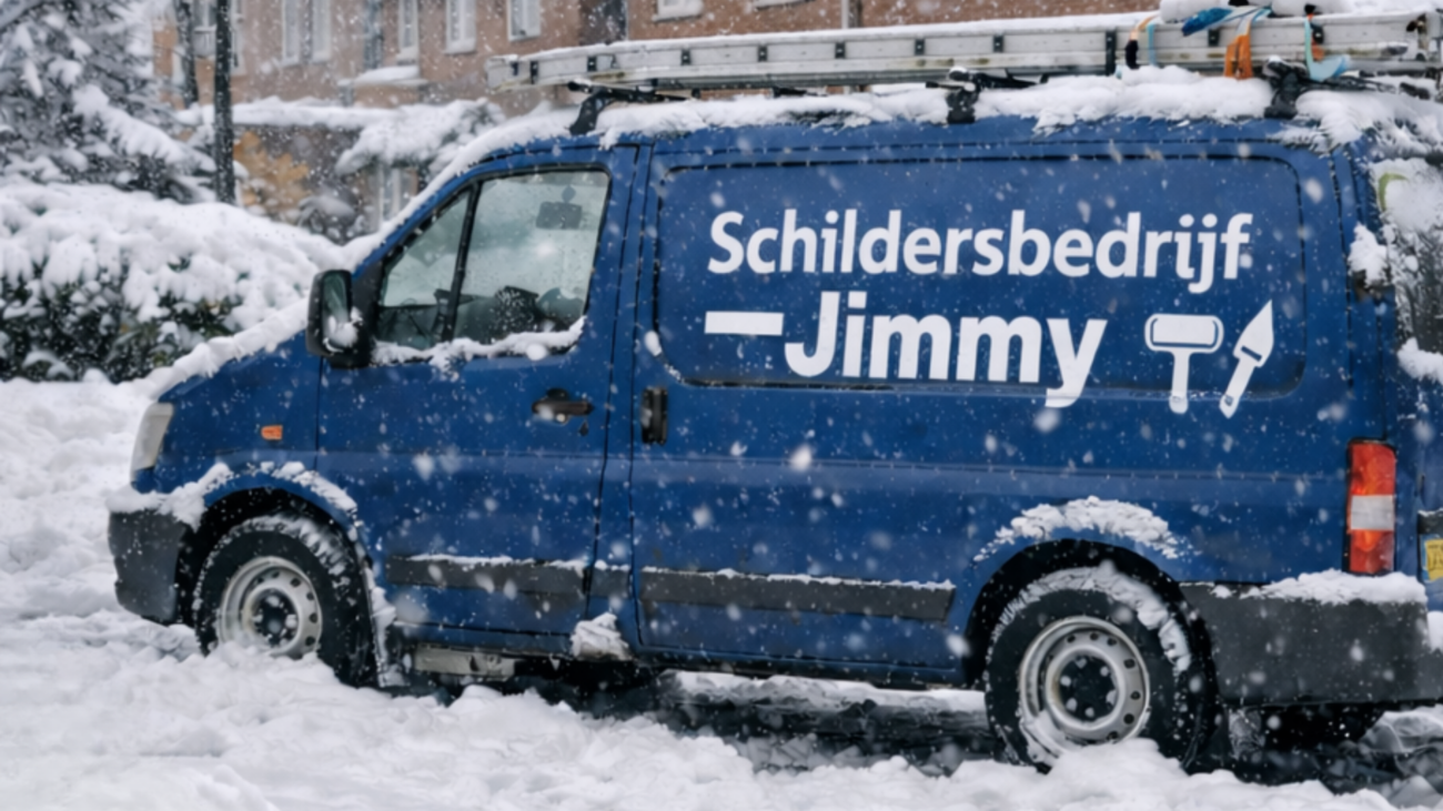 Een werkbus in de sneeuw